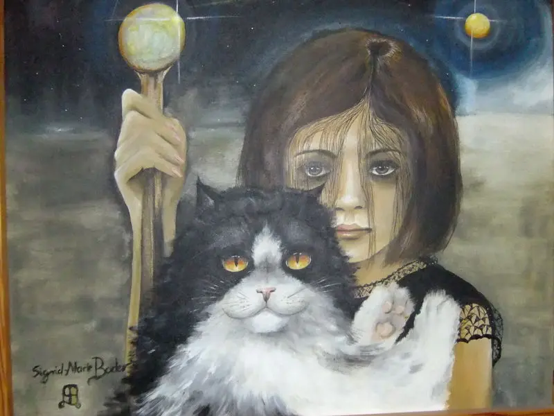 Andachtsbild von Marie mit Merlin im Herzen